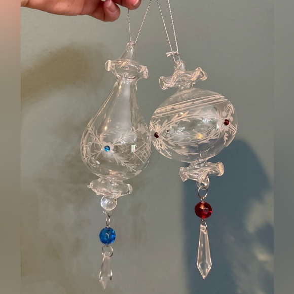Other - Pair of Artisan art etched glass Christmas ornaments - red and blue